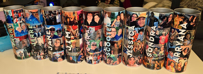 Row of personalized tumblers with various images on a table in a room setting.
