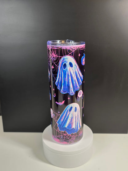 Cute purple ghosts in abstract pastel design