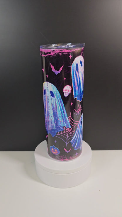 Cute purple ghosts in abstract pastel design